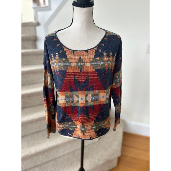 Ralph Lauren Denim Supply Navy Orange Red Aztec Western Long Sleeve Sweater - Picture 1 of 5